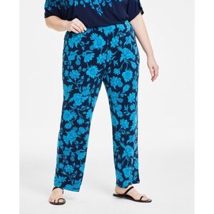JM Collection Plus Size Elena Floral Printed Wide-Leg‎ Pants Blue Size 2X NWT